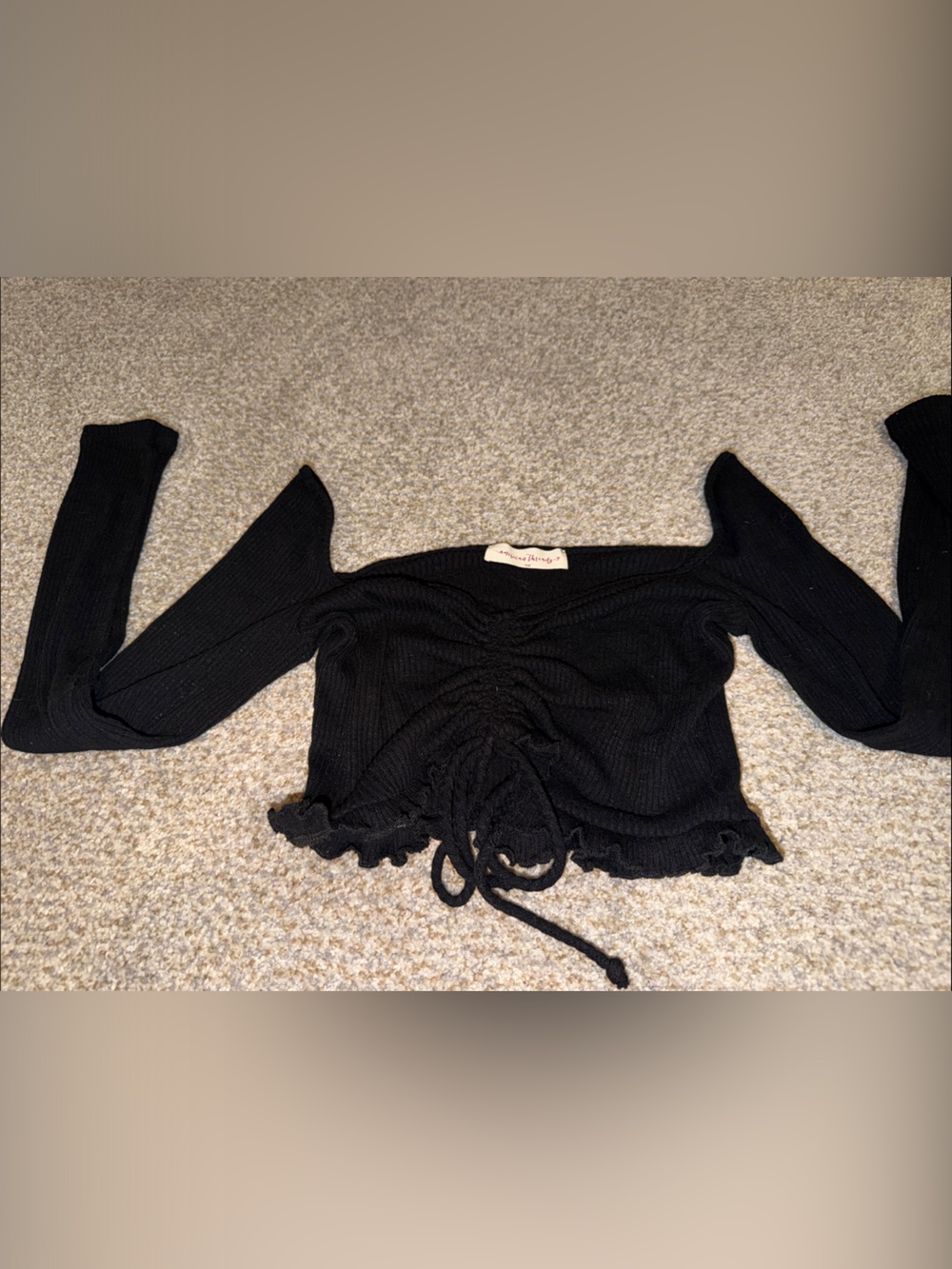 American Threads Black Off-Shoulder Ruched Tie Sweater cropped